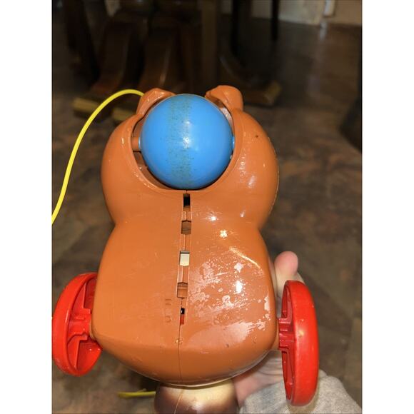 Vintage 1979 Fisher Price 172 Roly Raccoon Pull Toy Bushy Tail Yellow Bow Brown - Picture 6 of 8